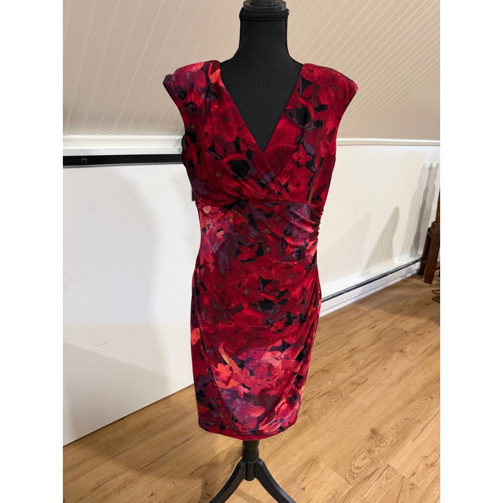 Lauren Ralph Lauren Red Dark Floral Watercolor Ruched Sheath Dress Size 12